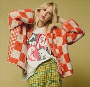Free People Aldrin Cardi XS/S Oversized Orange Cream Checkered Tennessee Vols